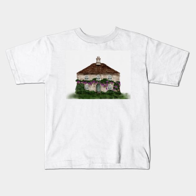 Cotswold Cottage Watercolor Chocolate Box Spring Stone Cottage Kids T-Shirt by penandbea